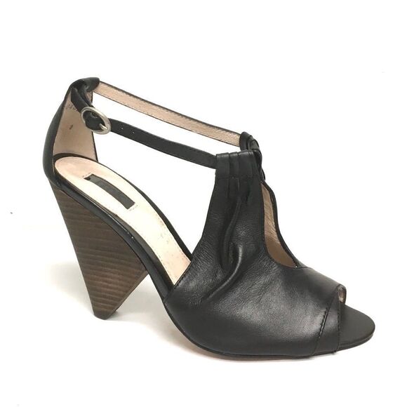 Rmk Black Leather Sandal Shoe Cone Heel Peep Toe 9 - Picture 1 of 15